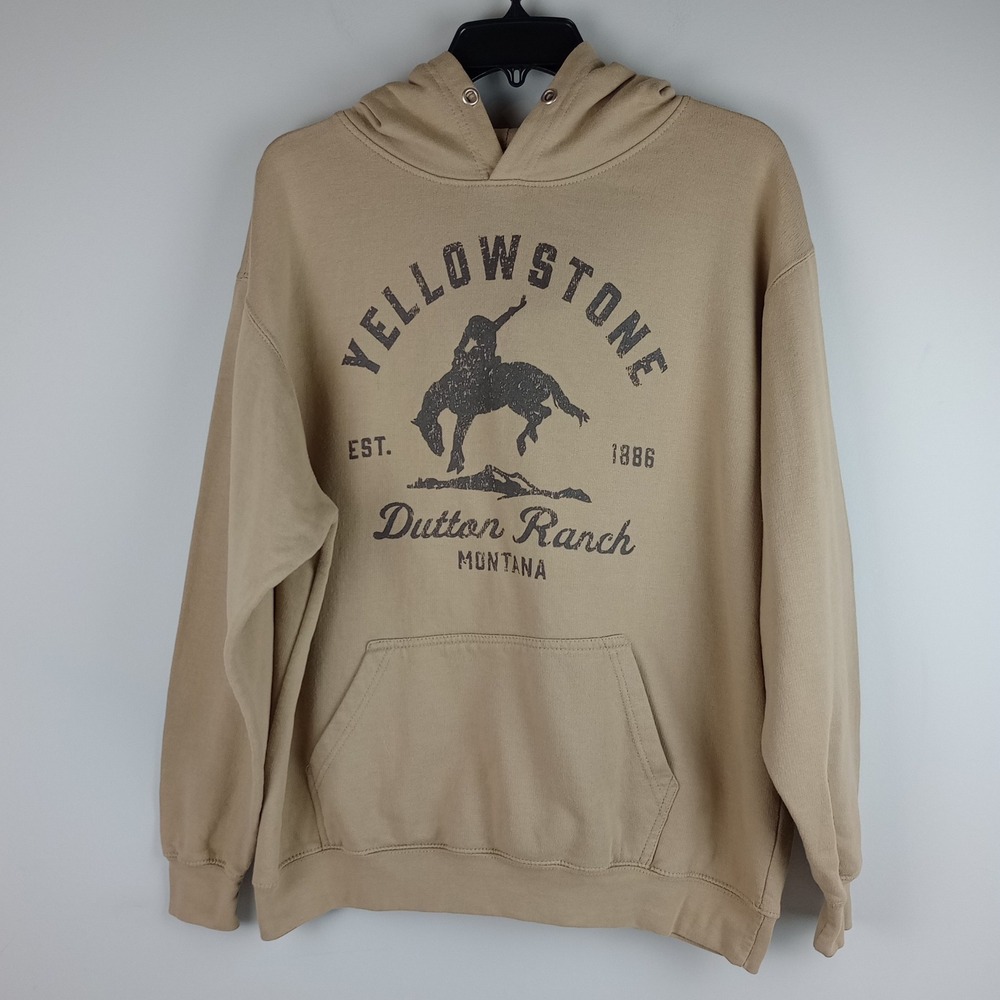 Yellowstone Mens L Tan Dutton Ranch Montana Graphic Western Cowboy Hoodie